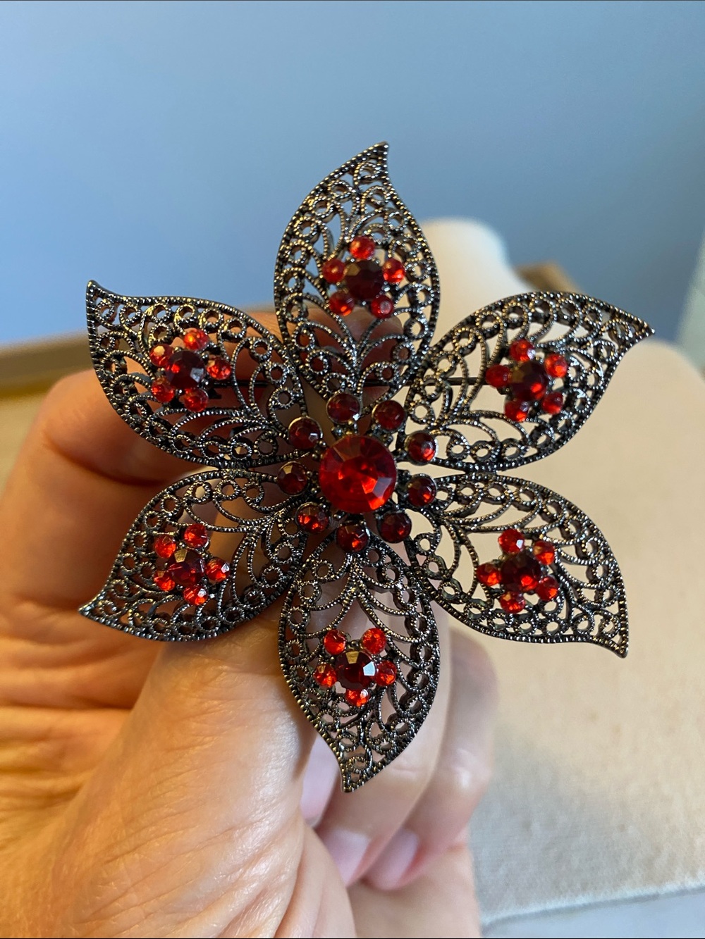 Vintage Red Rhinestone Filigree Flower Brooch Silver Tone 6.5cm